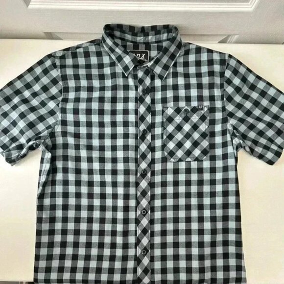 FOX Mens Shirt Troubled Mind Woven Short Sleeve Button Down Green Black Check M - Picture 14 of 14